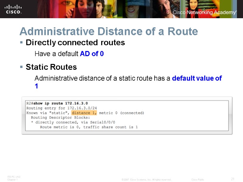 Administrative Distance of a Route Directly connected routes Have a default AD of 0